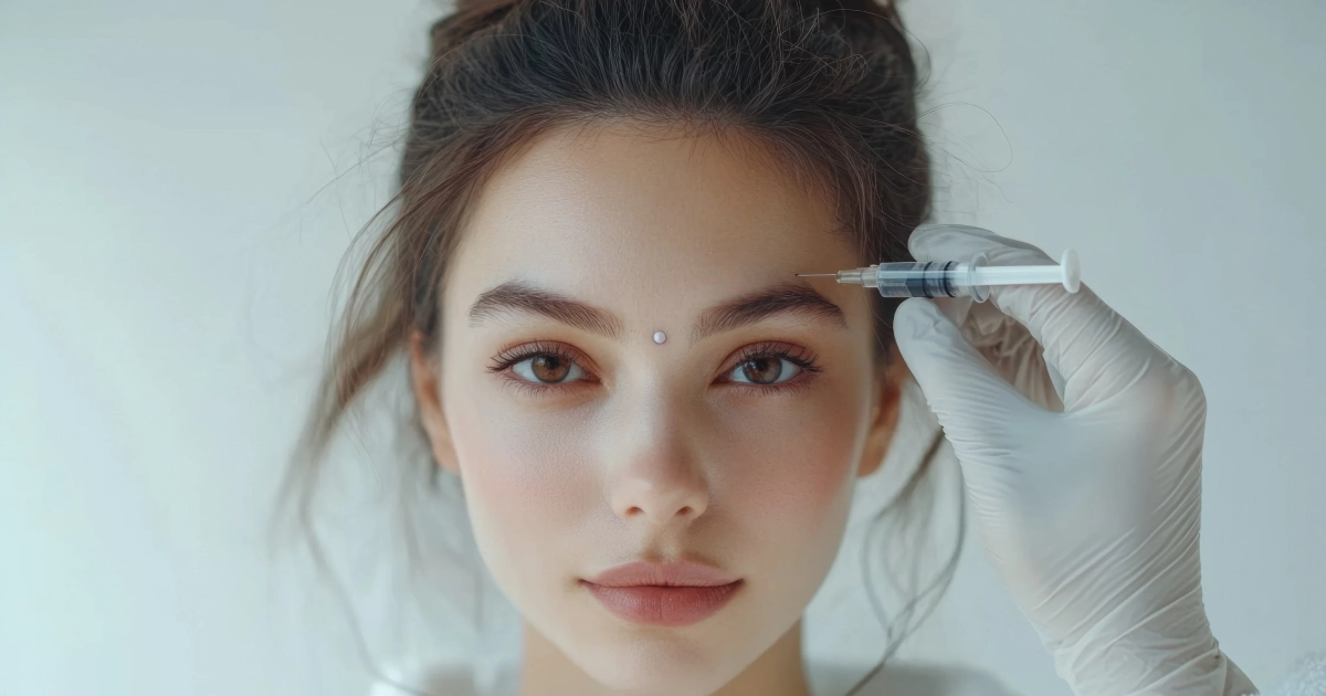 Young woman in a white robe receiving a Botox treatment above her eyebrow in Allen, TX, with a small bindi.